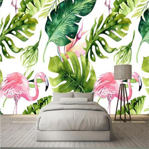 Watercolor Green Leaves with Flamingo Wallpaper