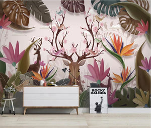 Private custom wallpaper wall hand-painted Nordic tropical plants elk banana leaf TV bedroom living room background wallpaper...