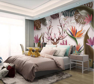 Private custom wallpaper wall hand-painted Nordic tropical plants elk banana leaf TV bedroom living room background wallpaper...