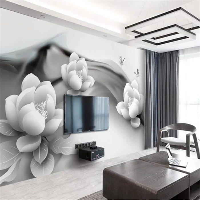 Black & White Lotus Flower Peel And Stick Landscape Wallpaper