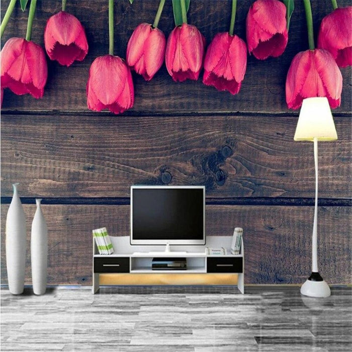 Modern Wood Grain Tulip Arrangement Wallpaper