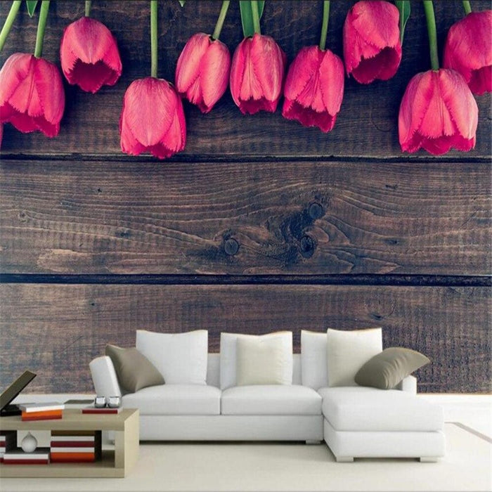 Modern Wood Grain Tulip Arrangement Wallpaper