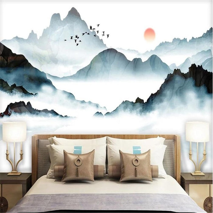 Chinese-Style Abstract Landscape with Birds Wallpaper