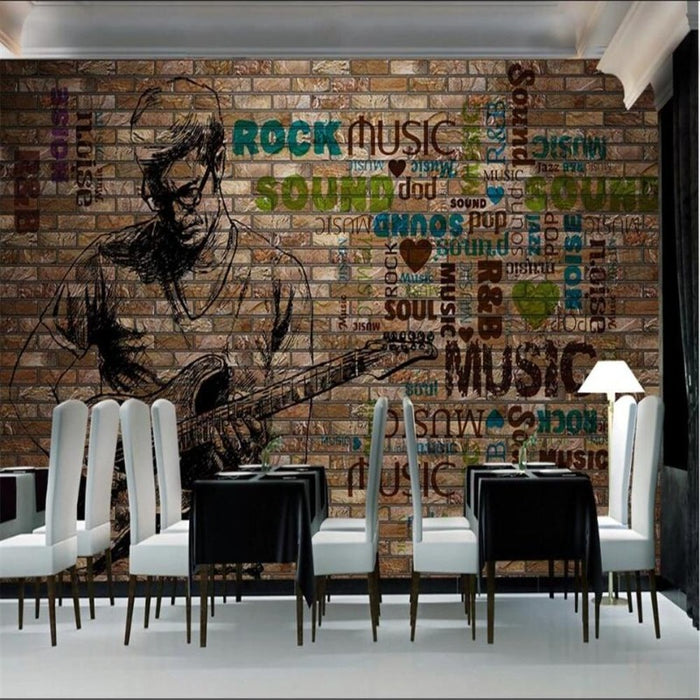 3D Retro Style Rock Music Brick Wall Wallpaper