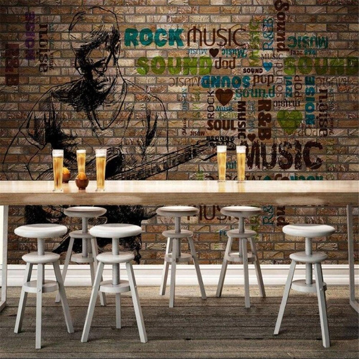 3D Retro Style Rock Music Brick Wall Wallpaper