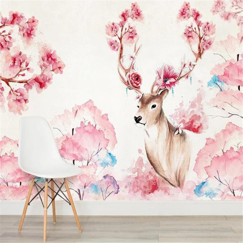 Cherry Tree Deer Scenery Wallpaper