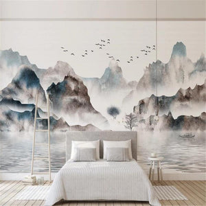 Chinese-Style Landscape with Birds Wallpaper