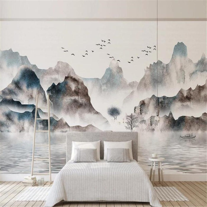 Chinese-Style Landscape with Birds Wallpaper