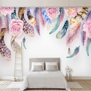 3D Watercolor feather and flower wallpaper