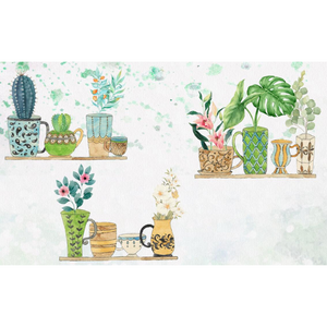 Abstract Cactus & Assorted Plants Gardening Shelf Wallpaper